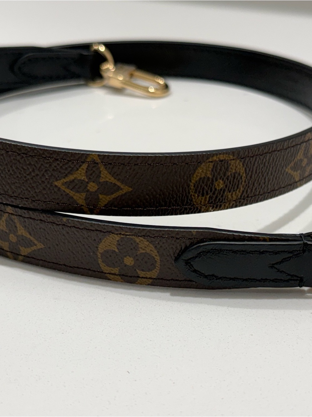 New Louis Vuitton Monogram Canvas Strap with Black Leather Trim & Gold Hardware